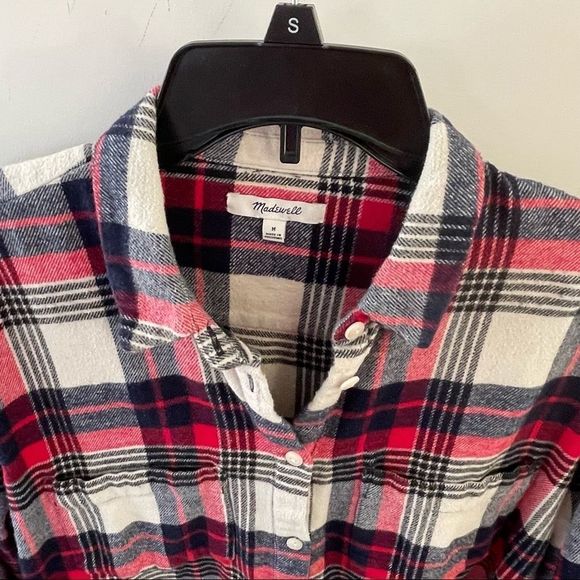 Womens Sz M Madewell Flannel Oversized Ex-Boy Friend plaid shirt Red/White/black - Picture 4 of 6